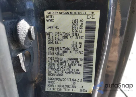 2012 Nissan Frontier Sv z USA, uszkodzony, nr VIN 1N6AD0CW2CC414423